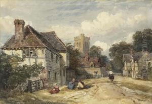 A Village Street With Figures And A Horseman, A Church by David Cox
