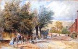 Village Scene With Figure Onhorseback Dogs And Cottages Beyond by David Cox