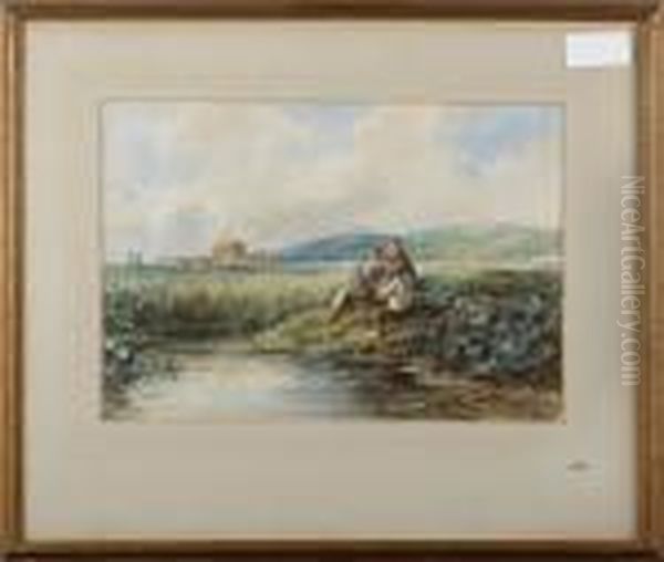 Boys Fishing, With Distant Hay Cart - view 1