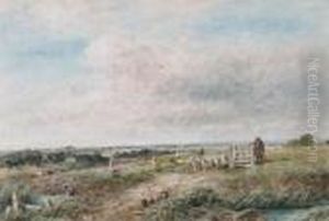 A Shepherd And Flock By A Gate In An Open Landscape by David Cox