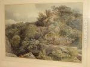 Wooded Rocky Landscape, With Stone Bridge Over A River Gorge by David Cox