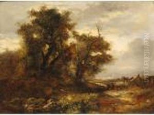 A Landscape With Farm Cottages And A Rocky Pond by David Cox