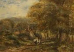 Figures In A Wooded Lane By Cottages