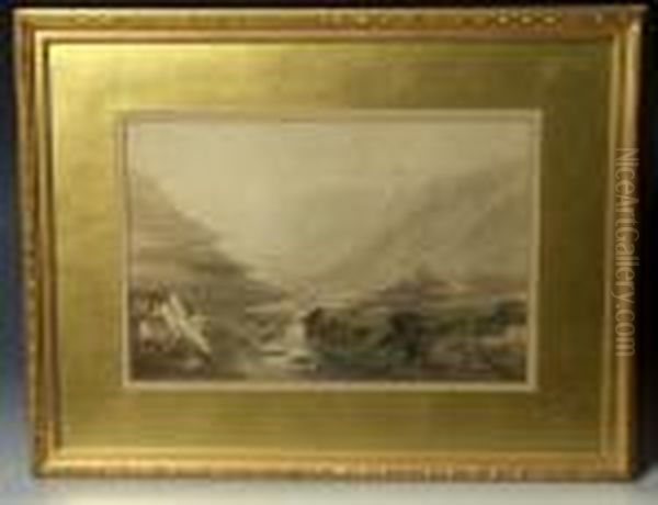 Figures On A Roadway Close To A
Stone Bridge Over A Fast Flowing River In A Deep Valley Setting - view 1