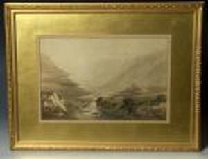 Figures On A Roadway Close To A
Stone Bridge Over A Fast Flowing River In A Deep Valley Setting by David Cox