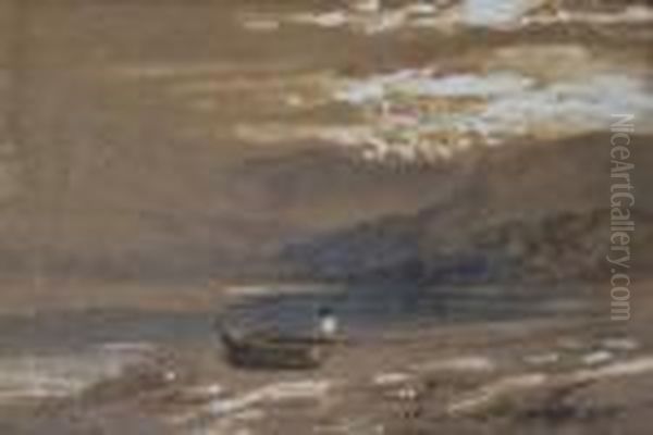 Figure Fishing In A Highland Lake Scene - view 1