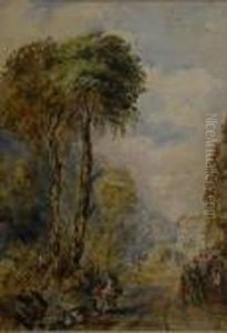 Figures On A Path With Distant Buildings