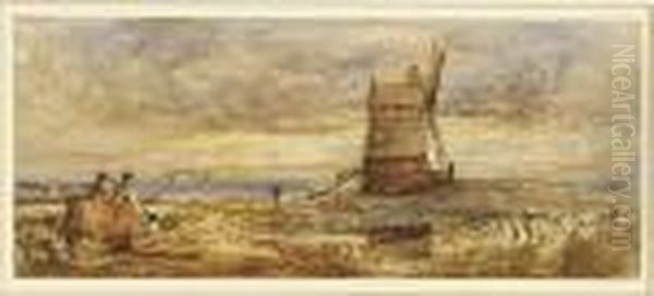 Figures Resting By Haystacks Near A Windmill At Twilight - view 1