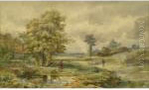 Rural Landscape Withfigure By Pond And Shepherd With Flock - view 1