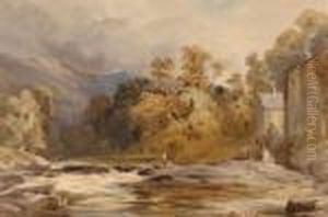 Welsh River Landscape With Mill And Figures On Rocks by David Cox