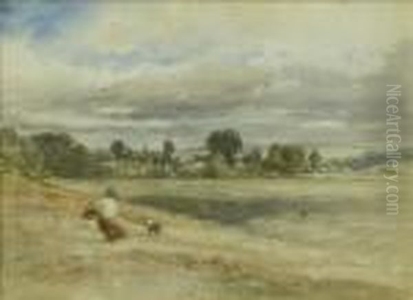 Woman And Collie On A Hillside, A Town Beyond - view 1