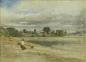 Woman And Collie On A Hillside, A Town Beyond Woman And Collie On A Hillside, A Town Beyond