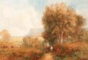 Figures And A Horse In An 
Extensive Landscape With A View Of Achurch Beyond; And Figures On A Lane
 With Cattle Grazingbeyond