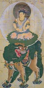 The Bodhisattva Manjushri riding on a lion breathing vapour by Kose-no-Hirotaka