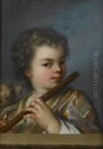 A Young Boy Playing The Flute At A Stone Ledge, A Dog At His Side by Antoine Coypel