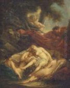 A Satyr And Sleeping Dryads In A Forest by Antoine Coypel