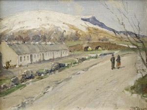 Figures On Road By Cottages, West Of Ireland by James Humbert Craig