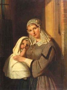 A woman in the regional costume of Gouda holding a child