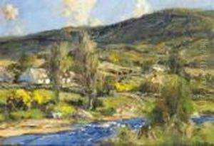 The River Dun With Gorse In Flower And Cottages Beyond by James Humbert Craig