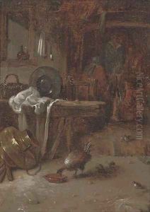 A kitchen interior with a couple by a fire, a hen and its chicks in the foreground by Willem Kalf