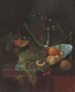 Fruit in a Kraak dish with a pewter ewer and two glasses on a partially draped table by Willem Kalf