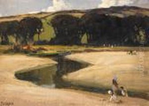 Rha Rua Children And Boats By
An Estuary Signed Lower Left Oil On Rathbone Canvas Board 25 By 36cm.,
10 By 14in by James Humbert Craig