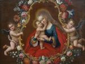 Madonna With Child Framed With A Garland Of Flowers by Lucas The Elder Cranach