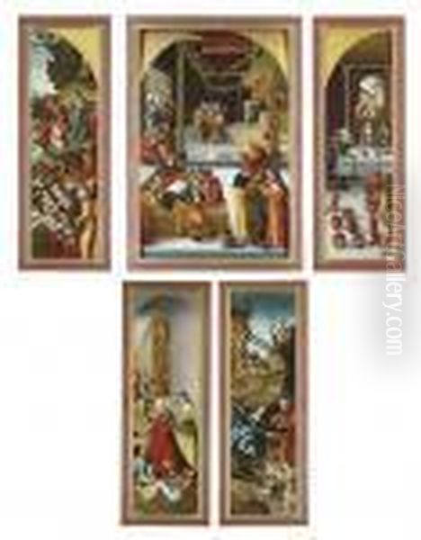 A Triptych: The Central Panel:
Christ Among The Doctors; The Wings: The Multiplication Of The Loaves
And Fishes; And The Marriage At Cana; The Outer Faces: Saint Elizabeth
Of Thuringia Giving Alms; And The Nativity - view 1