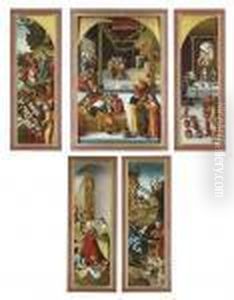 A Triptych: The Central Panel:
Christ Among The Doctors; The Wings: The Multiplication Of The Loaves
And Fishes; And The Marriage At Cana; The Outer Faces: Saint Elizabeth
Of Thuringia Giving Alms; And The Nativity by Lucas The Elder Cranach