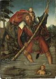Saint Christopher With The Christ Child Crossing A Stream by Lucas The Elder Cranach