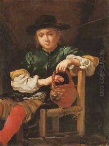 A boy seated holding a red pot with his left hand by Bernardo Keilhau