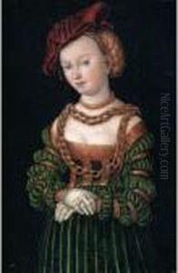 Portrait Of A Young Woman,
Three-quarter Length, As A Court Beauty, Wearing A Red Cap And A Green
Dress Trimmed With Gold, Her Decolletage Bedecked With Gold Chains by Lucas The Elder Cranach