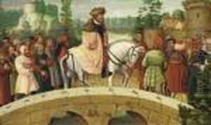 A Nobleman Accompanied By Peasants And Burghers Outside A Town by Lucas The Elder Cranach
