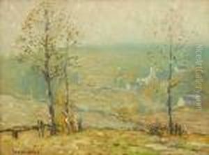 N.a. Houses In Autumn Landscape S L/l: Bruce Crane O/birch Panel 12x16 by Bruce Crane
