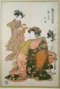 Three Women Preparing a Meal by Koriusai