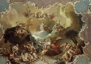 Modello for a ceiling decoration depicting Ceres with the fruits of the earth with Time overcoming Envy and Flora offering Flowers to Apollo by Martin Knoller