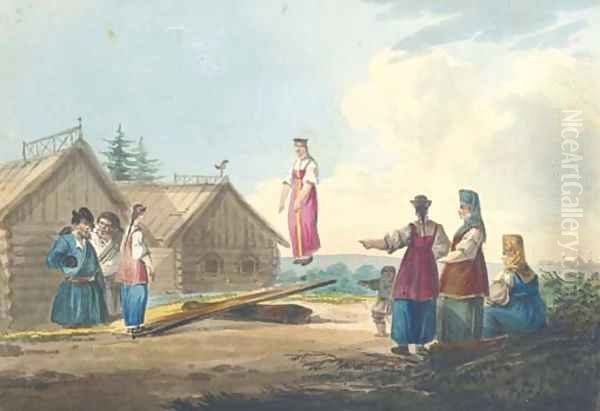 Peasant girls playing on a see-saw - view 1