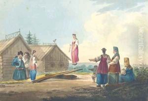 Peasant girls playing on a see-saw by Carl Ivanovitch Kollmann