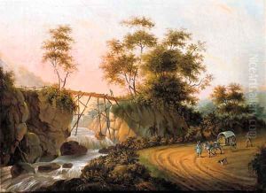 Peasants returning from a market on a road by a waterfall in an Italianate landscape by Joseph Augustus Knip