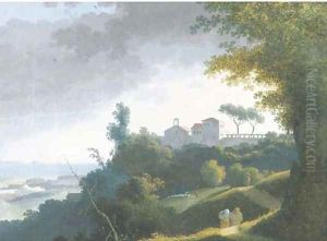 An extensive landscape with a monastery on a hilltop, peasants on a path on the foreground, the sea beyond 2