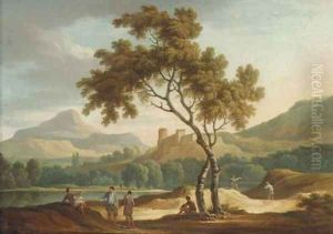 An Italianate river landscape with travellers conversing on a road
