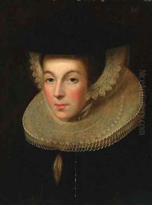 Portrait of a lady, bust-length, in a black dress with a ruff, wearing a black hat by Willem Adriaensz Key