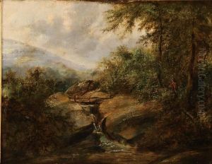 Figures Walking Near Stream Within Forest Clearing