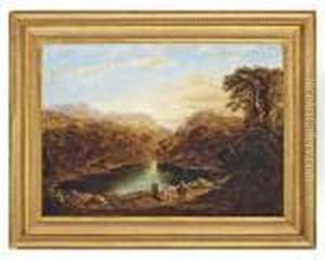 A Mountainous Landscape With Travellers By A Lake