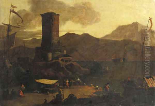 A Mediterranean coastal landscape with fishermen and merchants on a quay by a ruined tower, at sunset - view 1