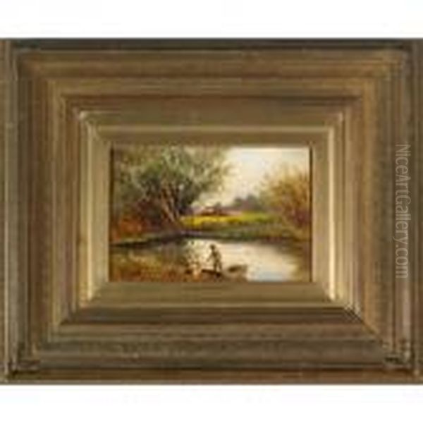 Children Boating In A Pond By The Farm - view 1