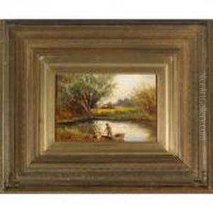 Children Boating In A Pond By The Farm by Thomas Creswick