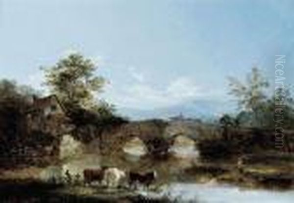 Cattle Watering At A River, A Cottage And A Bridge Beyond - view 1