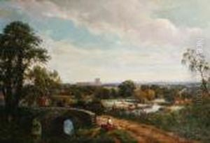 Travellers On A Bridge With An Extensivelandscape Beyond Travellers On A Bridge With An Extensivelandscape Beyond