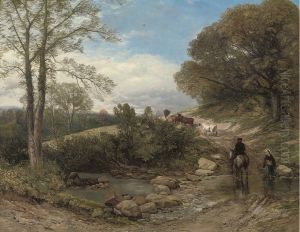 A Drover And His Herd Crossing A Ford by Thomas Creswick